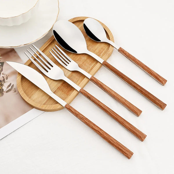 16/24/30Pcs Stainless Steel Cutlery Set – Imitation Wooden Handle Western Tableware with Knife, Fork, Spoon & Tea Spoon
