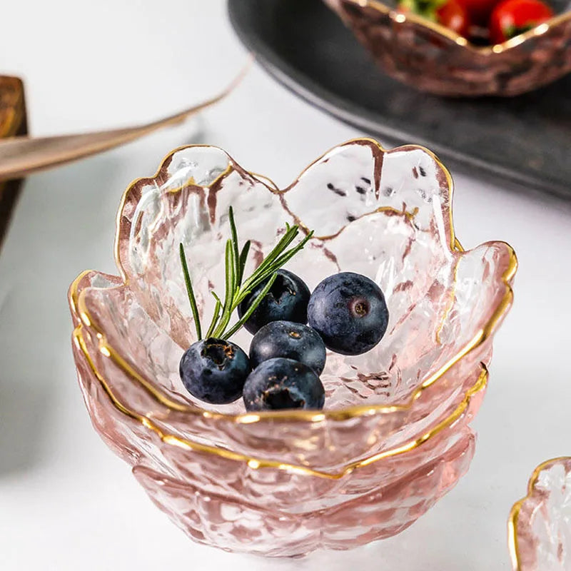 3Pcs Cherry Blossom Glass Sauce Dishes – Small Gold-Inlay Bowls for Dipping, Ice Cream & Desserts