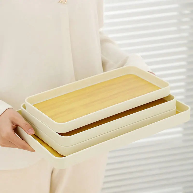 PP Rectangular Anti-Slip Serving Tray – Imitation Wood Grain Dinner Plate for Teacups, Kettle & Household Use
