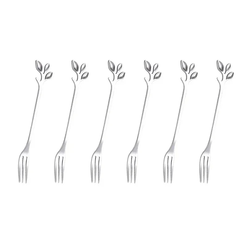 6Pcs Creative Gold Stainless Steel Leaf-Shaped Dessert Forks – Appetizer, Fruit, and Snack Flatware Set