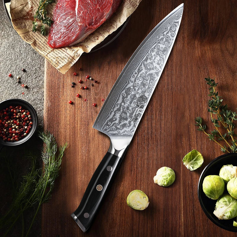 F.YOUNG 8-Inch Professional Chef’s Knife – Japanese 67-Layer Damascus Steel with VG10 Core, Ultra-Sharp for Meat & Vegetables