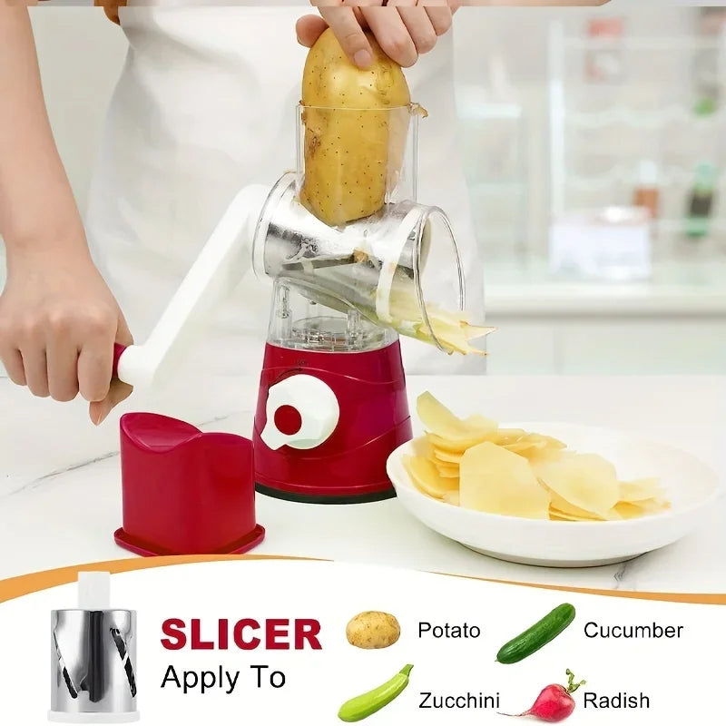 Manual Rotary Cheese Grater & Vegetable Slicer – Round Mandoline Shredder for Carrots, Potatoes, Veggies & More