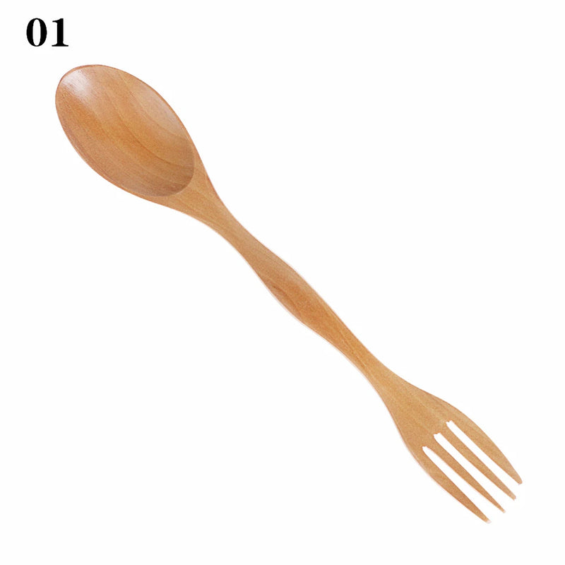 2-in-1 Natural Wood Cutlery – Dual-Head Soup Spoon & Fork, Eco-Friendly Tableware for Kitchen & Dining