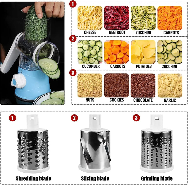 3-in-1 Rotary Cheese Grater – Fast Kitchen Slicer with 3 Drum Blades for Cheese, Vegetables, Nuts & More