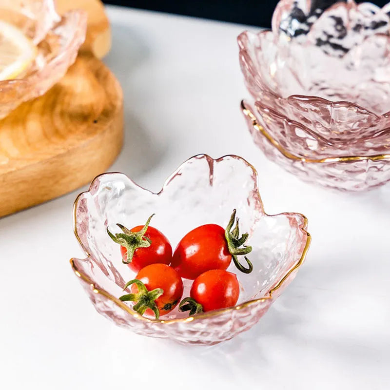 3Pcs Cherry Blossom Glass Sauce Dishes – Small Gold-Inlay Bowls for Dipping, Ice Cream & Desserts