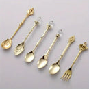 6pcs Vintage Royal Gold Carved Spoon & Fork Set – Coffee, Tea, Dessert & Fruit Cutlery Set