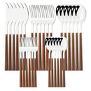 16/24/30Pcs Stainless Steel Cutlery Set – Imitation Wooden Handle Western Tableware with Knife, Fork, Spoon & Tea Spoon
