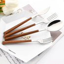 16/24/30Pcs Stainless Steel Cutlery Set – Imitation Wooden Handle Western Tableware with Knife, Fork, Spoon & Tea Spoon