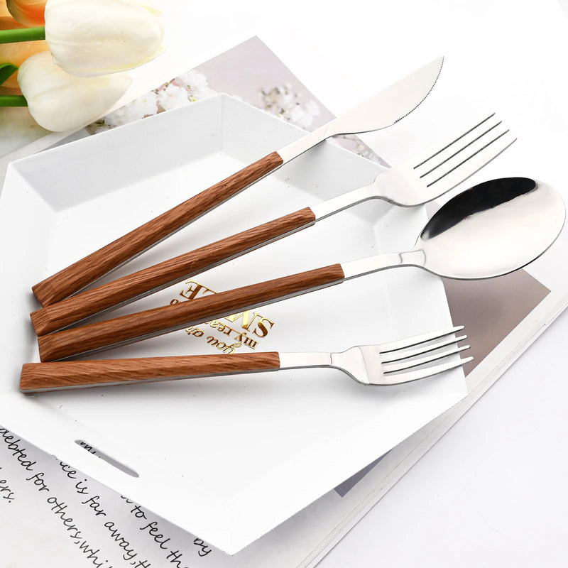 16/24/30Pcs Stainless Steel Cutlery Set – Imitation Wooden Handle Western Tableware with Knife, Fork, Spoon & Tea Spoon