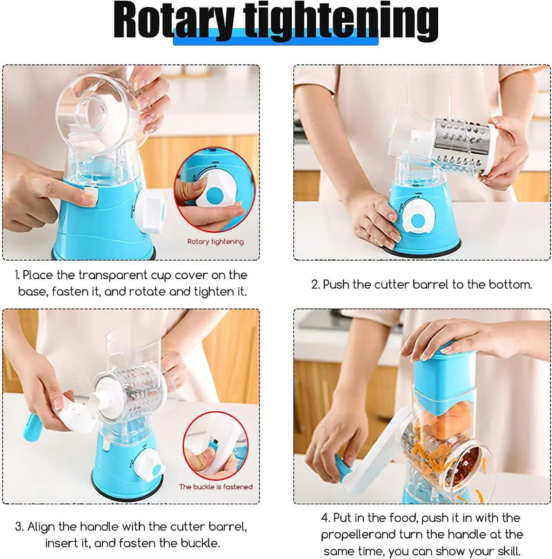 3-in-1 Rotary Cheese Grater – Fast Kitchen Slicer with 3 Drum Blades for Cheese, Vegetables, Nuts & More