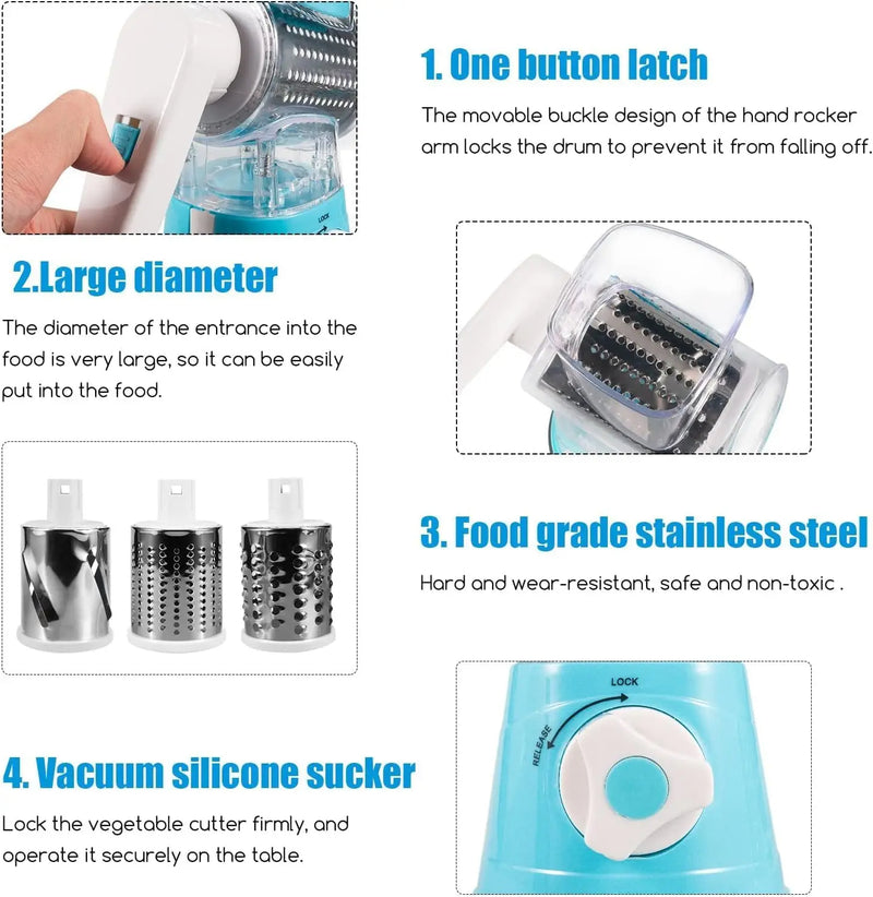3-in-1 Rotary Cheese Grater – Fast Kitchen Slicer with 3 Drum Blades for Cheese, Vegetables, Nuts & More
