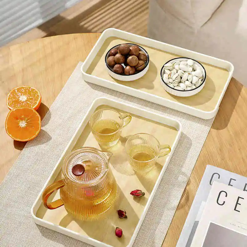 PP Rectangular Anti-Slip Serving Tray – Imitation Wood Grain Dinner Plate for Teacups, Kettle & Household Use
