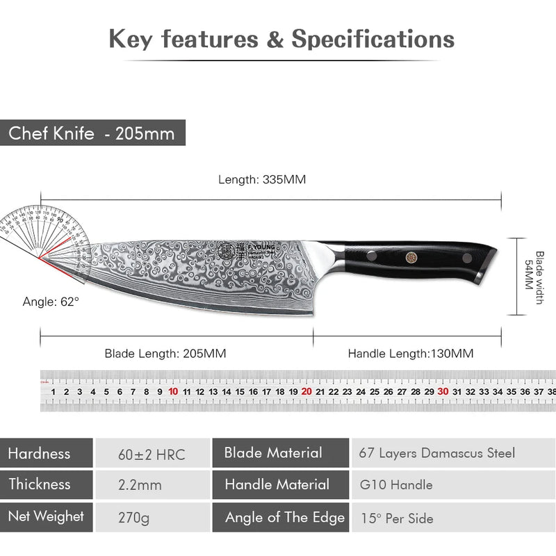 F.YOUNG 8-Inch Professional Chef’s Knife – Japanese 67-Layer Damascus Steel with VG10 Core, Ultra-Sharp for Meat & Vegetables