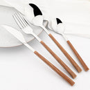 16/24/30Pcs Stainless Steel Cutlery Set – Imitation Wooden Handle Western Tableware with Knife, Fork, Spoon & Tea Spoon