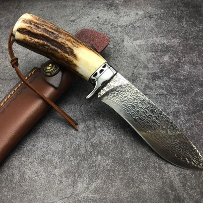 Handmade VG10 Damascus  With Leather for Camping Outdoor Hunting -