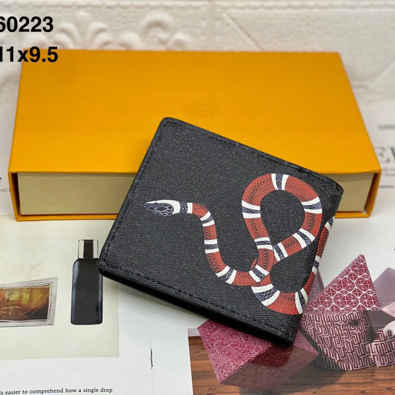 Men’s Designer Animal Print Leather Wallet – Snake, Tiger, Bee Motifs – Luxury Short Bifold Purse with Gift Box