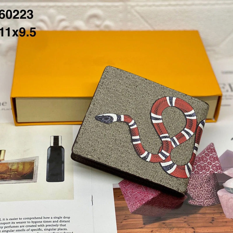 Men’s Designer Animal Print Leather Wallet – Snake, Tiger, Bee Motifs – Luxury Short Bifold Purse with Gift Box