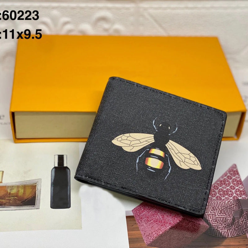 Men’s Designer Animal Print Leather Wallet – Snake, Tiger, Bee Motifs – Luxury Short Bifold Purse with Gift Box