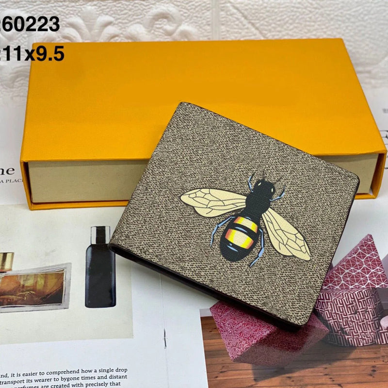 Men’s Designer Animal Print Leather Wallet – Snake, Tiger, Bee Motifs – Luxury Short Bifold Purse with Gift Box