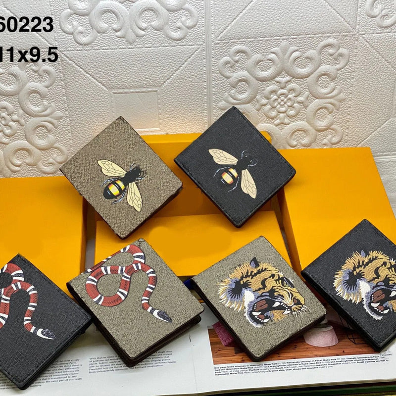 Men’s Designer Animal Print Leather Wallet – Snake, Tiger, Bee Motifs – Luxury Short Bifold Purse with Gift Box