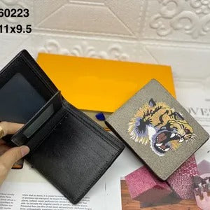 Men’s Designer Animal Print Leather Wallet – Snake, Tiger, Bee Motifs – Luxury Short Bifold Purse with Gift Box