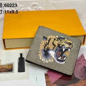 Men’s Designer Animal Print Leather Wallet – Snake, Tiger, Bee Motifs – Luxury Short Bifold Purse with Gift Box
