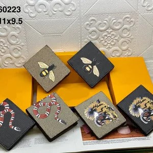 Men’s Designer Animal Print Leather Wallet – Snake, Tiger, Bee Motifs – Luxury Short Bifold Purse with Gift Box