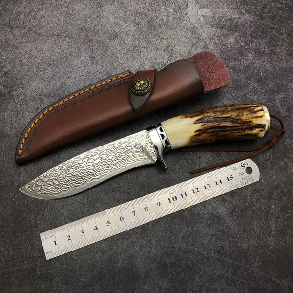 Handmade VG10 Damascus  With Leather for Camping Outdoor Hunting -
