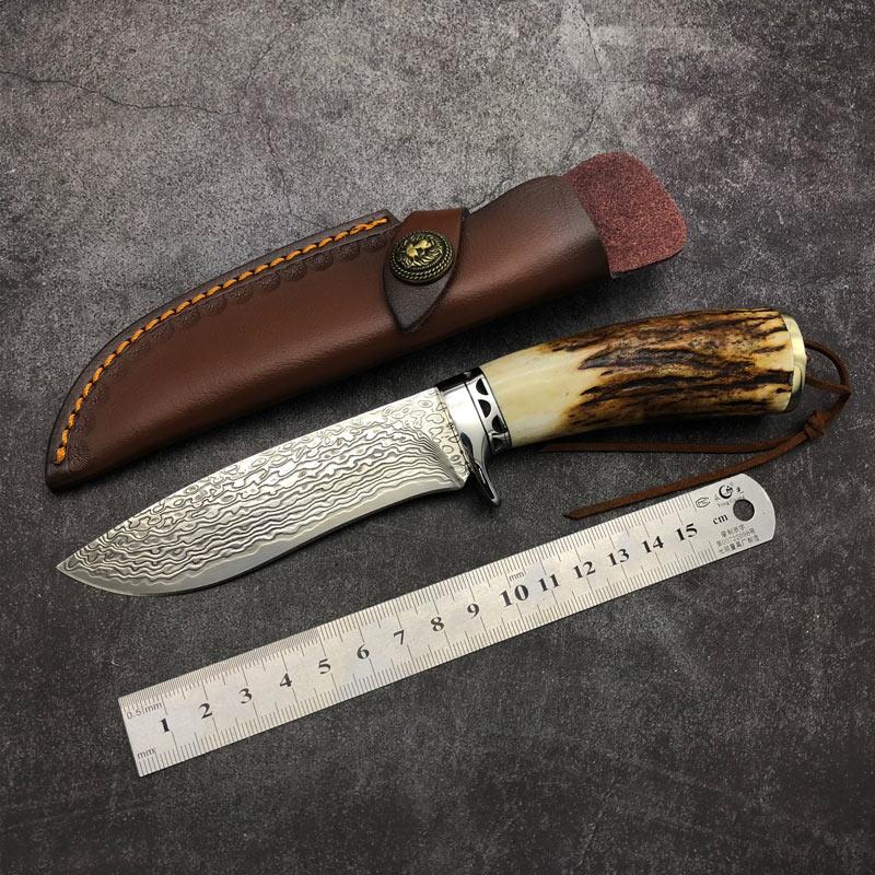 Handmade VG10 Damascus  With Leather for Camping Outdoor Hunting -